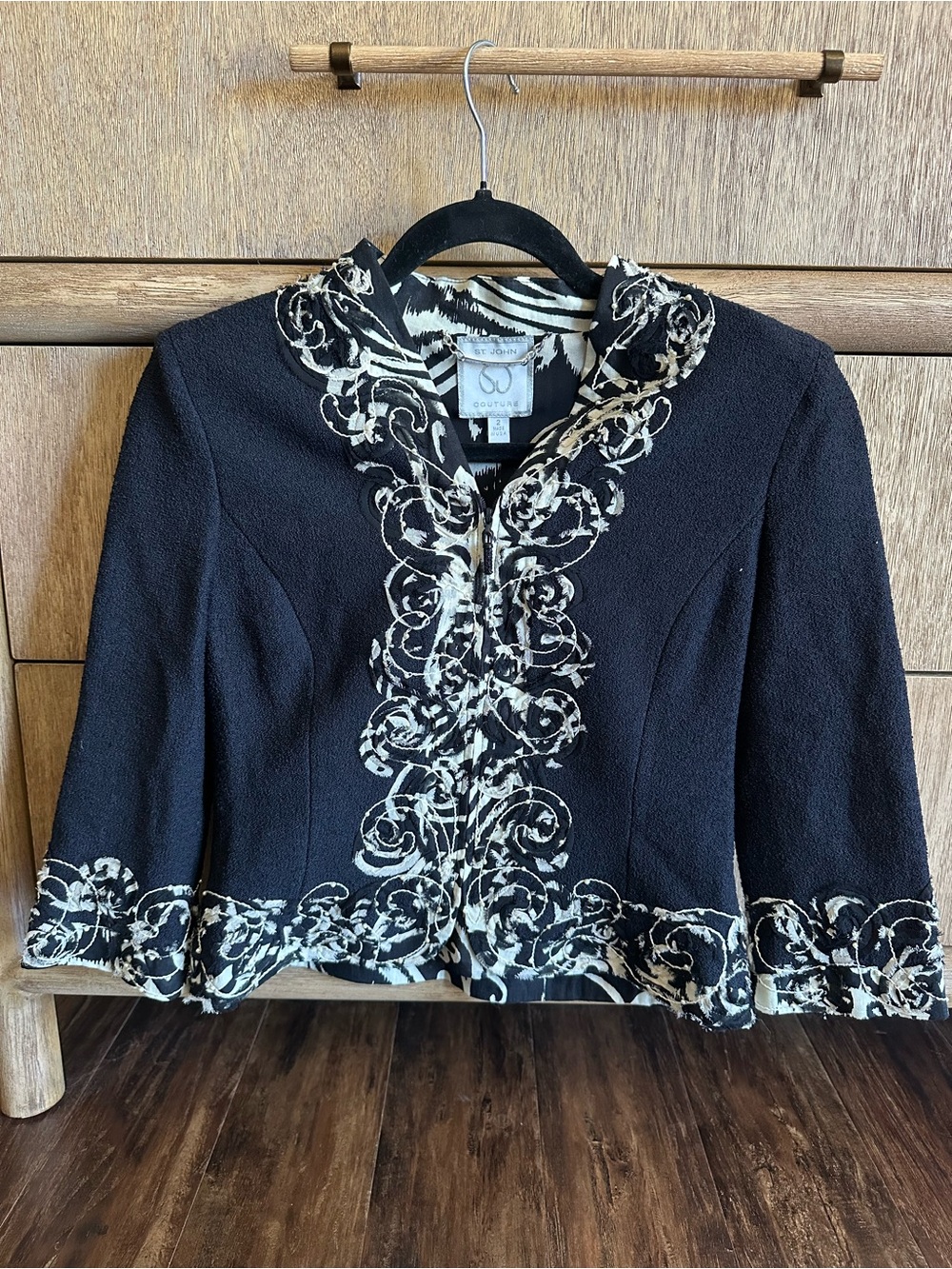 St. John Couture Black Embroidered Cropped Jacket with Cream Floral Trim
